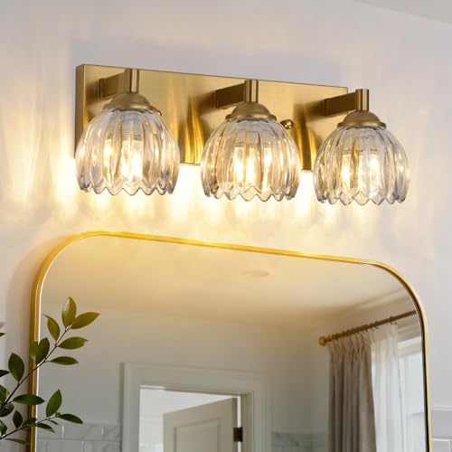 Image of Bathroom Vanity Light Fixtures, 3-Light Brushed Gold Bathroom Light Fixtures Over Mirror, Antique Wall Lights with Clear Glass Glass Tulip Light Shade for Mirror, Kitchen, Hallway, Cabinet, Porch