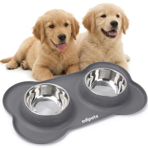 Edipets, Gamelle Chat Chien, Double Bol en Acier Inoxydable, Antiderapante, avec Tapis en Silicone Anti-Débordement (480, Gris)