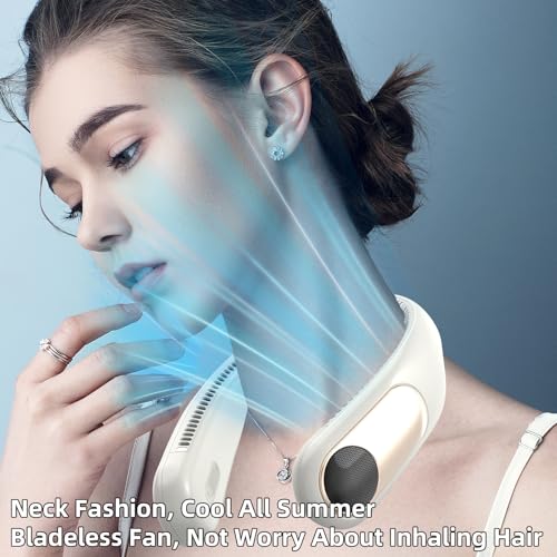 Image of Portable Neck Fan, Personal Wearable Bladeless Fan for Outdoor Indoor, LED Display, 360 Cooling, 4-Speeds, 6000mAh USB Rechargeable, Birthday Gifts for Men Women Dad Mom (off-white)