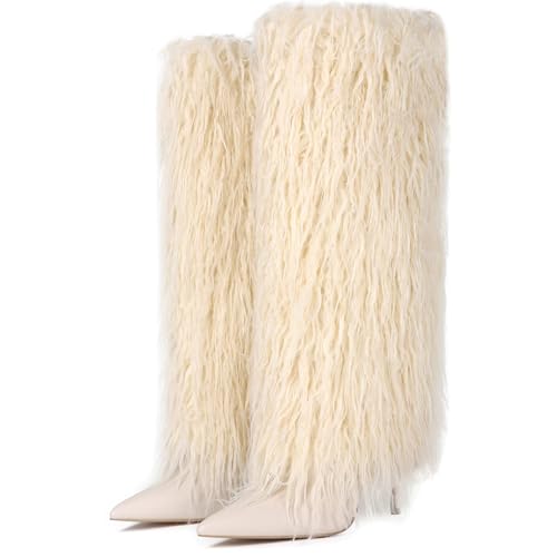 Mandiaupup Fold Over Fur Boots for Women Stiletto High Heel Fringe Side Zipper Pointed Toe Party Wedding Bridal Clubwear Evening Beige Faux Fur Knee High Boots Size 7