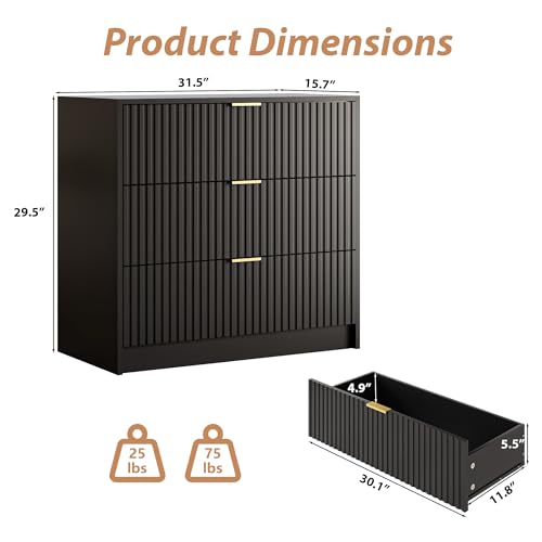 Image of MAISONARIA Black Fluted Dresser for Bedroom, 32 Inch Wide Nightstand with Large Drawer, 3 Drawer End Table for Bedroom, Living Rooms, Offices, and Entryways