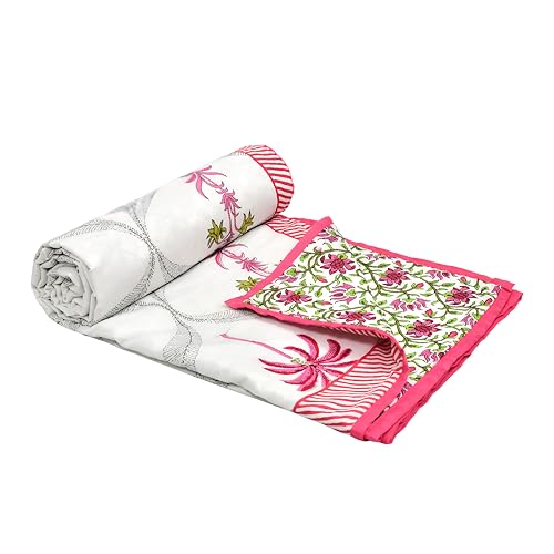 Image of BLOCKS OF INDIA Hand Block Printed Cotton Single Size Reversible Malmal Dohar for Summer (Pink Tree)