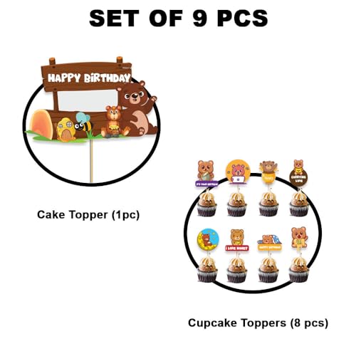 Image of Festiko Set of 9 Pcs Bear Theme Happy Birthday Combo (Cake & Cupcake Toppers), Cake Decoration Supplies, Bear theme birthday decorations