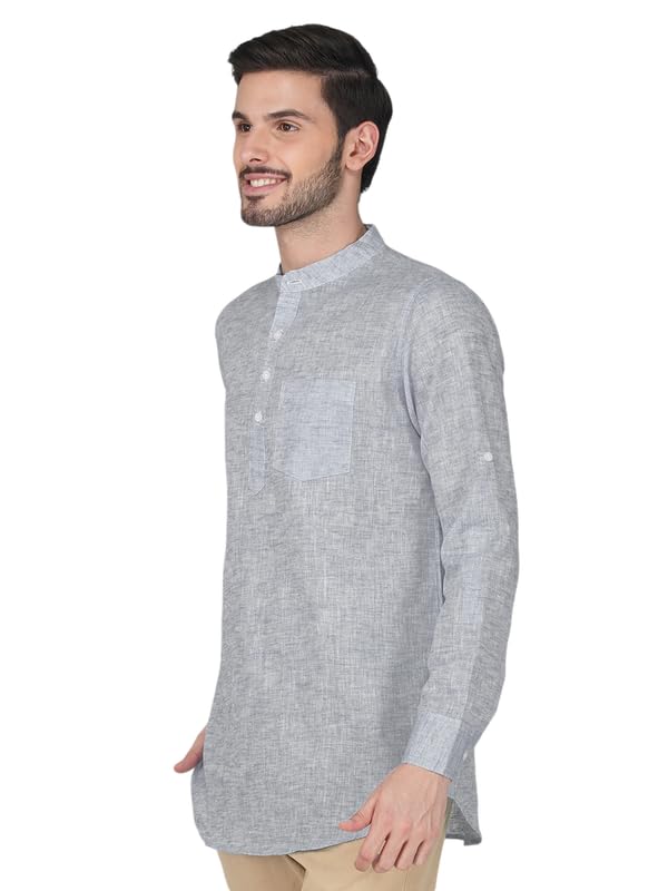 Image of Vastraa Fusion Men's Handloom Weaving Pure Cotton Short Kurta, Round Collar, Full Sleeves,Button Kurta, Ethnic Wear