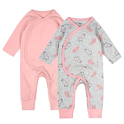 Image of Baby Boys Girls 2 Pack Footless Pajamas Cotton Long Sleeve Printing Soild Color Side Snap Romper Sleeper 3-24 Months (Pink+Elephant, 3-6 Months)