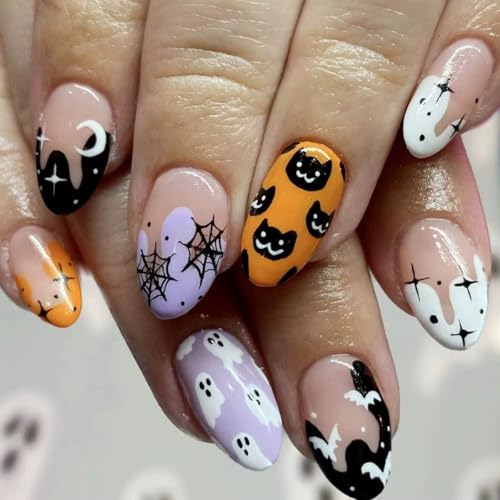 24PCS Halloween Short Press on Nails Almond Fake Nails Cute Ghost Black Cat Spider Web Pattern Halloween Glue on Nails French Oval False Nails Kit Star Moon Cloud Artificial Stick on Nails for Women