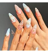 Summer Press on Nails Almond Fake Nails 3D Mermaid False Nails Press ons with Starfish Pearls Des...