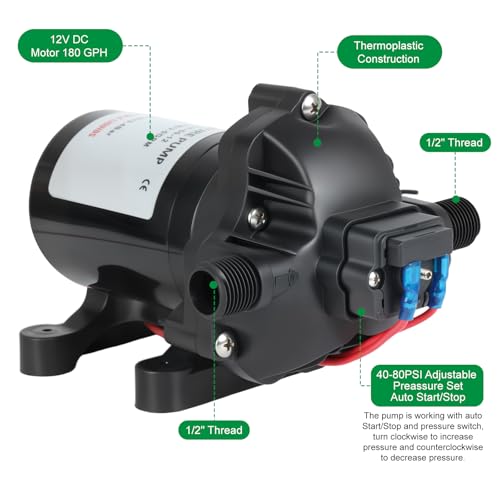 Image of 3 GPM RV Water Pump, 12V DC Diaphragm Pump with Automatic Pressure Switch 40-80PSI Adjustable, 3-Chamber, 1 /2'' MNPT Port, for RV Yacht Food Truck Camper Marine,1 Pump + 1 Strainer,