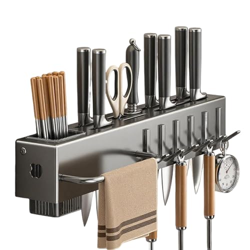Soporte para utensilios de cocina – Estante para utensilios de pared con ganchos para cucharas, espátulas y cubiertos, organizador sin taladrar, riel de almacenamiento de cocina colgante para toallas