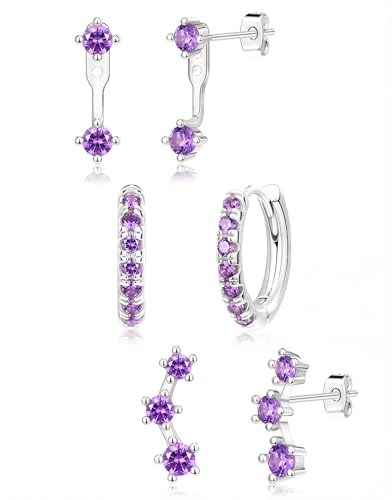 Silver Purple Earrings for Women Deep Purple Created Amethyst February Birthstone Earrings Jewelry Gifts Jacket Stud Huggie Hoop Stack for Multiple Piercing
