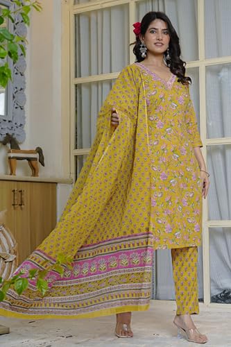 Image of MIRCHI FASHION Pure Cotton Women Straight Printed Embroidery Work Kurti Set with Dupatta and Pant
