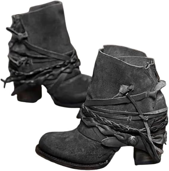 Womens Suede Ankle Boots Chunky Heel Ankle Booties Back Zipper Western Boots for Ladies - Bohemian Casual