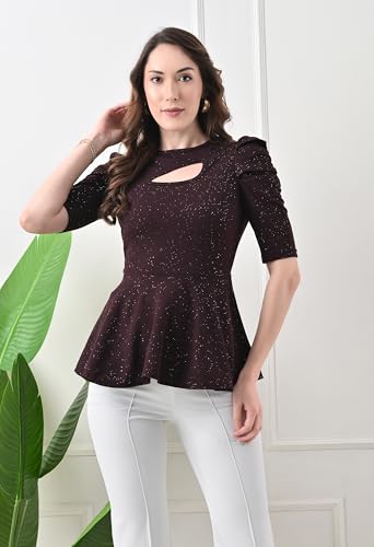 Image of Women's Glitter Peplum Top with Keyhole Neck | Puff Sleeve Top