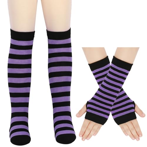 Kids Girls Striped Thigh High Socks Long Arm Warmers Set Fingerless Gloves Halloween Costume Long Knee High Socks