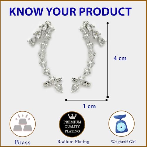Image of ZENEME Rhodium-Plated Silver toned Brass White Floral Vine Ear Cuff Earrings for Women & Girls Crystal Ear Climber Contemporary Jewellery