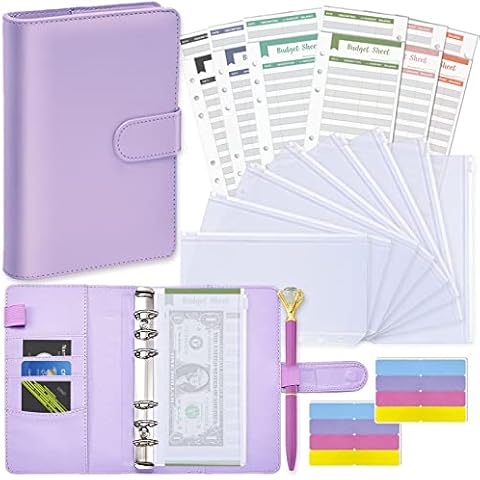 Notebook Budget Binder Cash Envelopes System, JOENCOST Handy A6 PU Leather Money Planner Organizer with 8 Clear Zippered Pockets 12 Expense Budget Sheets Cute Diamond Pen for Saving Money (Purple) Cover