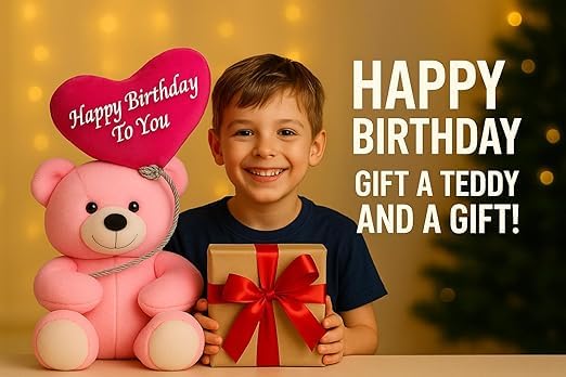 Image of ZEXSAZONE 24 cm, Pink Happy Birthday Teddy Bear Soft Toy - Cute Plush Stuffed Animal with Bow | Huggable Cuddly Toy for Kids, Boys, Girls, Girlfriend & Wife | Birthday Gift