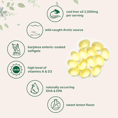 Image of Cod Liver Oil 2,000mg Per Serving, 360 Softgels | Burpless Lemon Flavored - Rich in Omega 3, Vitamins A & D3, EPA, DHA | Wild Caught Arctic Deep Sea Fish | Heart, Brain, & Immune Supplement