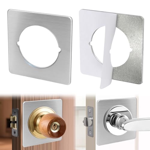 Vizava 2 Pack Satin Nickel Door Knob Plates Square Brushed Stainless Steel Door Reinforcement Plate with Adhesive (No Drill) Paintable Door Hole Cover to Match Any Door Color (3.58 x 3.58)