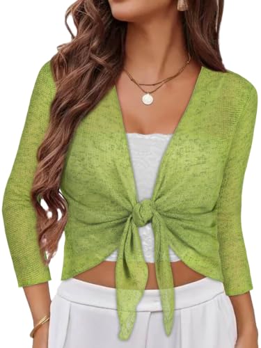 Image of Women Crop Cardigan Sheer Mesh Bolero Shrug for Dress Tie Front 3 /4 Sleeve Tops
