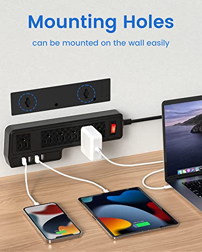 10Ft Power Strip Usb Surge Protector, Jackyled Mountable 6 Outlets 4 Usb Ports Electric Power Outlet With Offset Plug Electric Long Extension Cord Power Charging Station For Home Office #TOP4