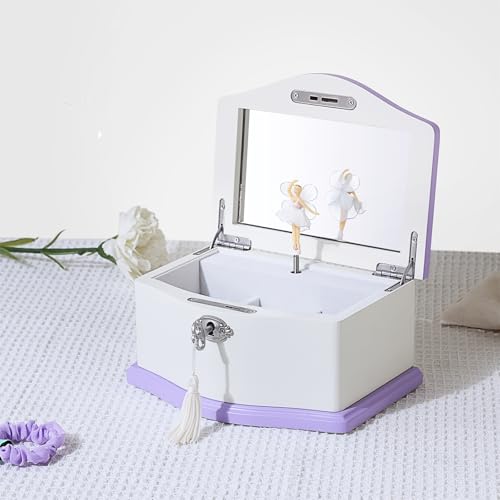 Musical Jewelry Box-Medium Ballerina Musical Chest with Mirror for Girls,Jewelry Storage,Swan Lake Tune, Gift for Christmas,Birthday,New Year and All Holidays- (white/purple)