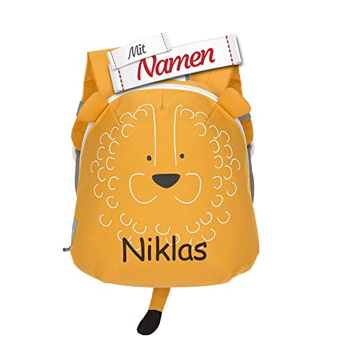 LÄSSIG Kinder Rucksack mit Namen personalisiert, Kleiner Kinderrucksack für Kindergarten Kita, Mini Kindergartenrucksack, Kindergartentasche 3,5 L (Löwe)