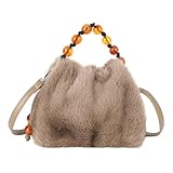 Meliyya Sac à bandoulière en fourrure synthétique pour femme   Sac à main moelleux avec bandoulière en polyuréthane, C kaki, 21*11*15,5cm