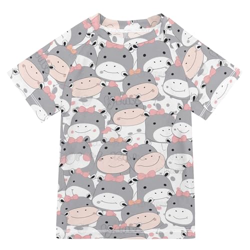 Wudan Cute Little Hippo Girls Bathing Suit Short Sleeves Girls Rashguard Swimwears Work Out Clothes for Little Boy 5-6T