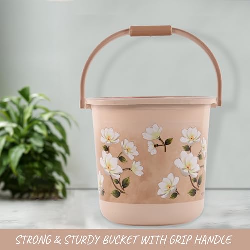 Image of Heart Home 4 Pcs Plastic 18 Ltr Bucket for Bathroom | Sturdy and Easy Grip Handle | Big Bucket for Bathing & Household Chores | Floral Print - Brown