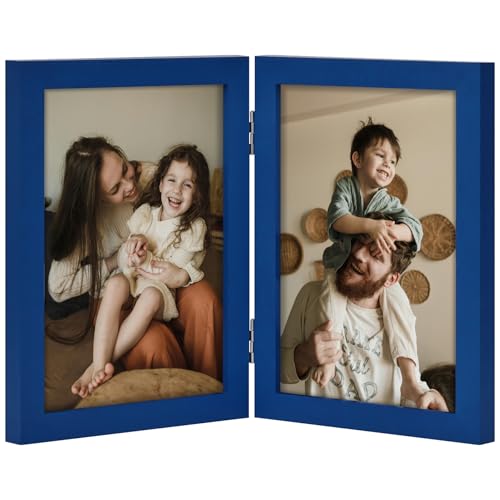 decorUhome Double 5x7 Picture Frame Vertical, Engineered Wood Bifold Photo Frame with Plexiglass for Tabletop Display, 5x7, Royal Blue