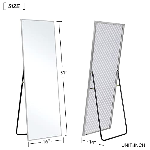 Image of NeuType 51 inchx16 inch Full Length Mirror with Standing Holder Aluminum Alloy Frame Floor Mirror Wall-Mounted Mirror for Living Room, Bedroom, Hanging or Leaning Against Wall, Silver (with Stand)