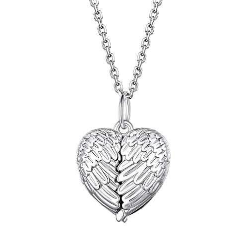 Bestyle Sterling Silver Heart Shape Angel Wing Lockets for Women That Hold Picture, Memorial Message Photo Lockets Heart Pendant, Love Heart Jewelry for Birthday Anniversary, 18