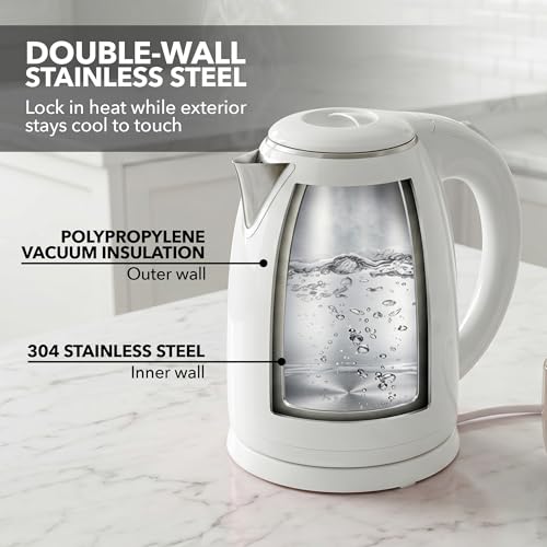 Image of OVENTE 1.7L Double Wall Electric Tea Kettle, 1100W Power, White KD64W | Water Boiler with Cool-Touch Exterior, Stainless Steel Interior, Auto Shut-Off, Boil-Dry Protection & Locking Lid, Easy Clean