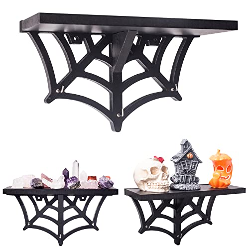 Image of CEFRECO Spider Web Floating Shelf - Gothic Halloween Hanging Shelf with Hooks for Wall Oddities and Curiosities - Black Spooky Goth Wall Decor for Kitchen and Home - Crystal Display Shelf for Stones