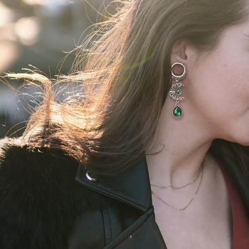 Pierced Owl - Vintage Filigree Moon Dangling Vibrant Green Stone Set Flesh Tunnel Plugs, Sold as Pair4