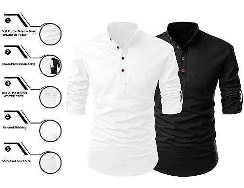 Image of FINIVO FASHION Combo of Men's Cotton Blend Solid Regular Fit Full Sleeve Straight Short Kurta Shirt, Casual and Formal Wear