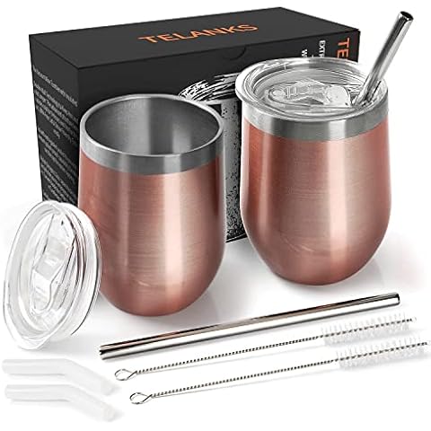 TELANKS 2 Stück 12OZ Weinbecher to go, Weinglas to go mit Deckel und Strohhalmpinsel, Doppelwandige Unbreakable Travel Becher Cover
