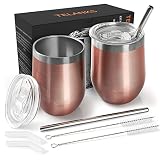 TELANKS 2 Stück 12OZ Weinbecher to go, Weinglas to go mit Deckel und Strohhalmpinsel, Doppelwandige Unbreakable Travel Becher für Kaffee,Milk, Champagner, Cocktails, Bier, Camping Geschenk, Roségold