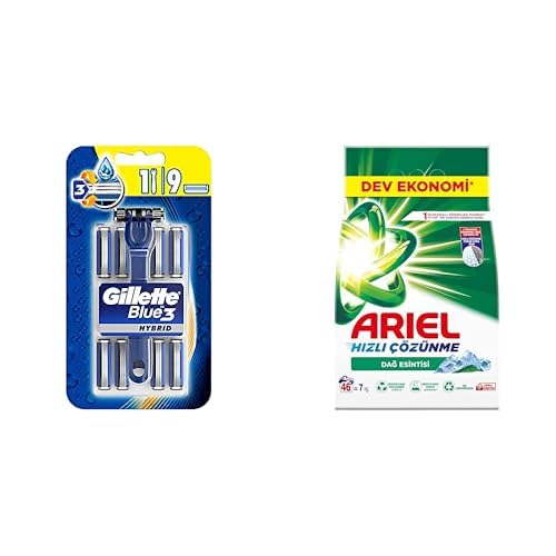 Gillette Blue3 Hybrid Erkek Tıraş Makinesi + Yedek Tıraş Bıçağı 9'lu ve Ariel Dağ Esintisi 7 Kg Hızlı Çözünme Toz Çamaşır Deterjanı