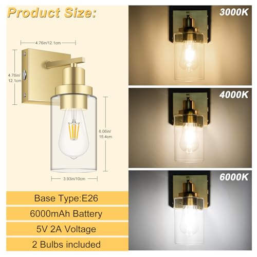 Image of Battery Operated Wall Sconce Set of Two Gold,Vintage Wall Light with Glass Shade,6000mAh Rechargeable Wireless Wall Lamp Indoor Dimmable with Remote,Cordless Wall Light Fixtures for Bathroom Bedroom