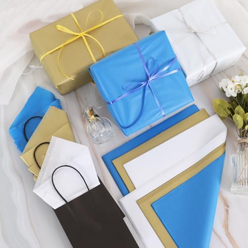 Image of BEISHIDA 90 Sheets Blue White Gold Tissue Paper Bulk, Halloween Wrapping Tissue Paper for Gift Bags, 14 x 20 Inch Gift Wrap for Halloween Graduation Birthday DIY Crafts Holiday Flowers