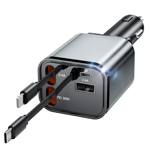 Aimtel 4 in 1 Zigarettenanzünder USB C 69W Auto Ladegerät Kfz Ladegerät für Camping Wohnmobil Ladegerät Auto Car Charger mit Einziehbarem Kabel 12V/24V USB Adapter Auto Kompatibel mit iPhone/Samsung