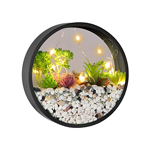 Vevlu Modern Round Glass Wall Planter, 3 Pack Set Wall Planters With Led Light String, Circle Iron Succulent Planter For Herb,Small Cactus Perfect For Balcony, Room And Patio Decor (Black) #TOP3