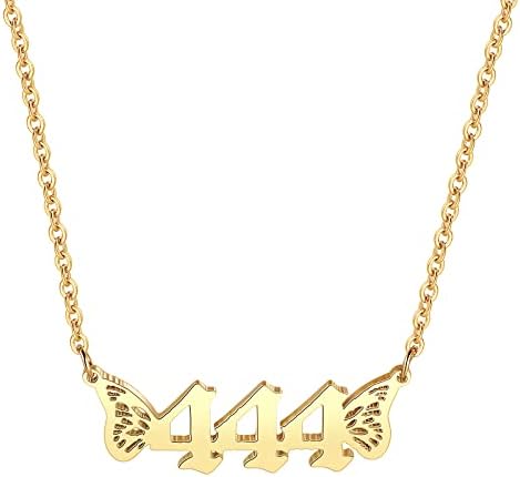 Angel Number Necklace For Women, 18K Gold Plated 111,222,333,444,555,666,777,888,999 Butterfly Wings Pendants Choker Numerology Jewelry (444)
