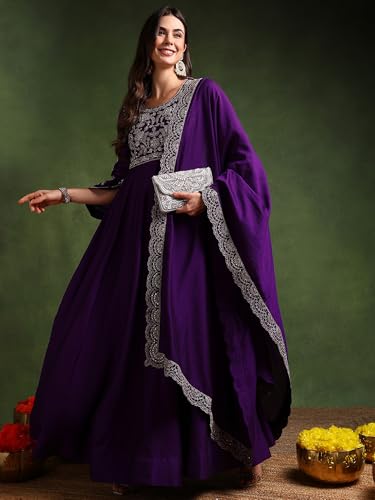 Image of Vaamsi Women's Solid Anarkali Embroidered Kurta With Dupatta