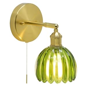 Vintage Modern Green Tulip Wall Sconce with Pull Chain Switch, Green Glass and Brass Metal Frame, 90 Degree Adjustable Lampshade, Living Room Bedroom Hallway