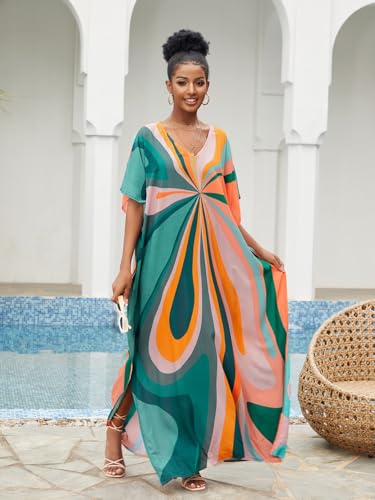 Kaftan Dresses for Women Plus Size Bathing Suit Cover up Batwing Sleeve Caftan Maxi Beach Dress2