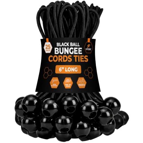 Image of Xpose Safety Bungee Ball Cords 6 inch 25 Pack Heavy Duty Black Stretch Rope with Ball Ties for Canopies, Tarps, Walls, Cable Organization