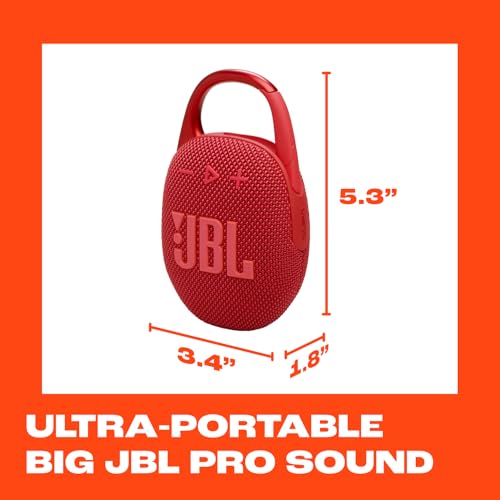 Image of JBL Clip 5 - Ultra-Portable, Waterproof & Dustproof Bluetooth Speaker, Big Pro Sound with Punchy bass, Integrated Carabiner, Up to 12 Hours of Play, Made in Part with Recycled Materials (Red)